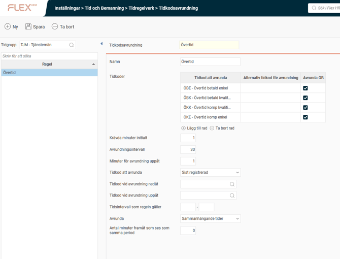 Inställningsvyn för tidkodsavrundning.
