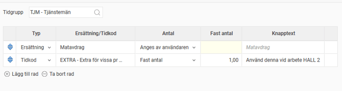 Stämplingsbara ersättningar. Rad 1: Ersättning Matavdrag, Antal anges av användaren, Knapptext “Matavdrag”. Rad 2: Tidkod EXTRA, Fast antal 1,00, Knapptext “Använd denna vid arbete HALL 2”.