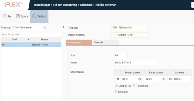 Inställningsvyn för publika scheman.