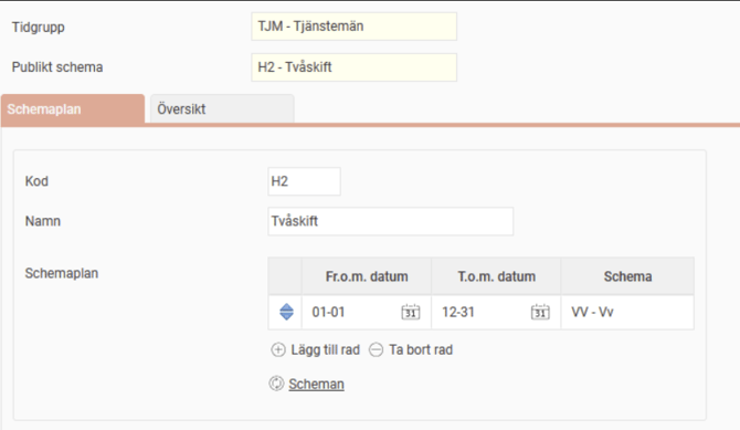 Publikt schema fliken Schemaplan, schema VV ska gälla 01-01 - 12-31.