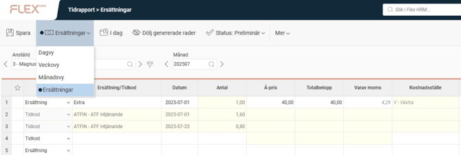 Tidrapportens vy för Ersättningar.
