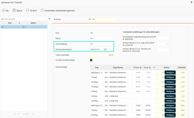 Schema med schemalängd 14 dagar, Schemastartdatum 2025-07-21.