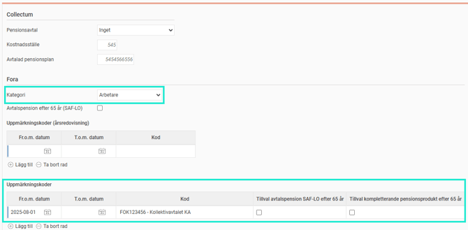 Bild visar FORA-inställningarna för den anställde i anställdaregistret.