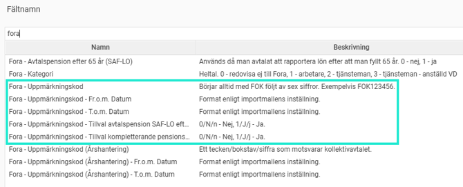 Bild visar de uppmärkningsfält man kan välja i en importmall.