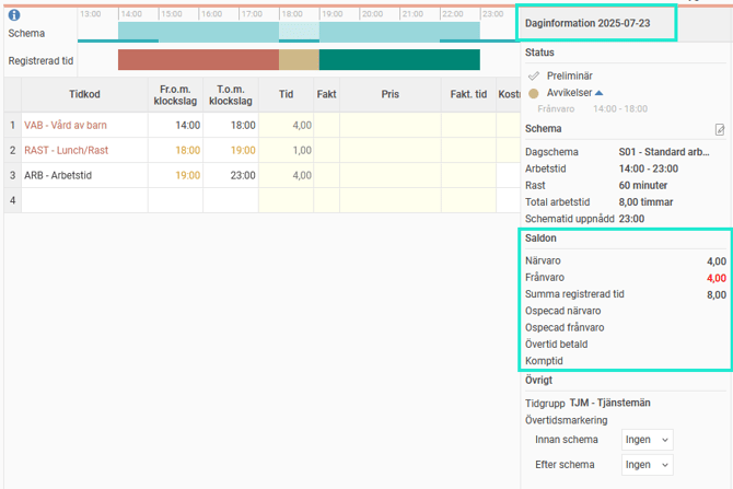 Tidrapportens kolumn Daginformation visar de saldon som ställts in.