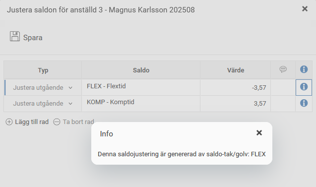 Popup Saldojusteringar. Flexsaldot har minskat med 3,57, vilket lagts till kompsaldot.