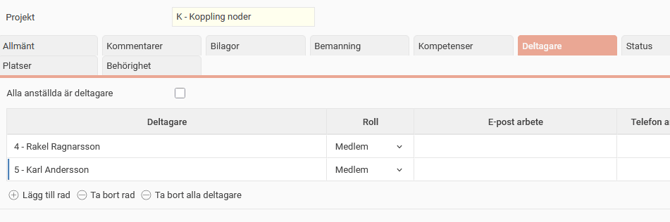 Projektregistret, fliken Deltagare. Två anställda är angivna som deltagare för projekt K.