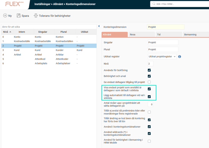 Inställningar för konteringsdimensionen projekt. "Visa endast projekt som anställd är deltagare i som default i söklista." och "Lägg automatiskt till deltagare vid val i söklista." är ibockade.