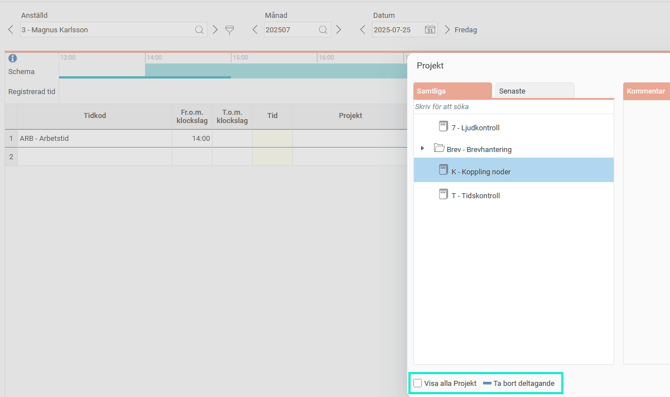 Tidrapport, popup för projekt. Möjlighet att visa alla projekt, och att ta bort deltagande.
