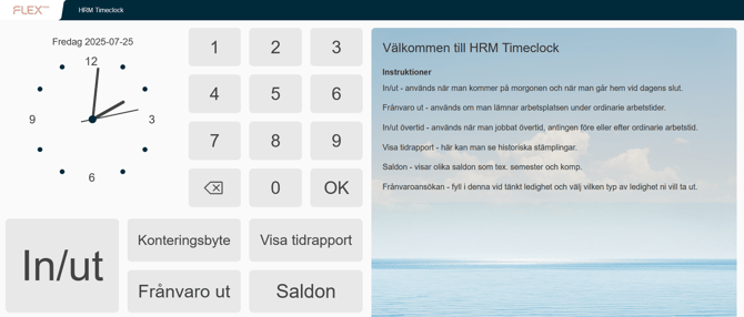 Välkomsttext och meddelande visas i stämplingsterminalen.