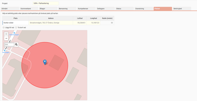 Fliken Platser i projektregistret. Plats utpekad med blå kartnål, röd radie runt.