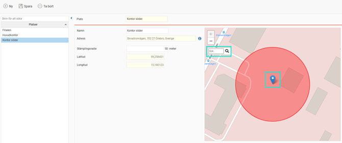 Inställning platsregister. Karta med kartnål och sökruta.