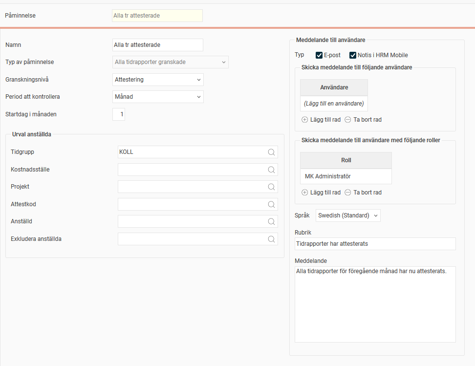 Inställningsvy påminnelse