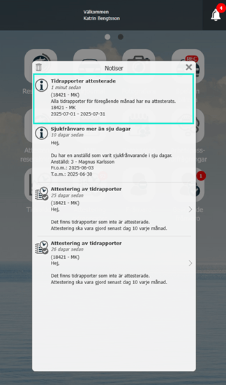 Notis i HRM Mobile informerar om att alla tidrapporter för föregående månad är granskade.