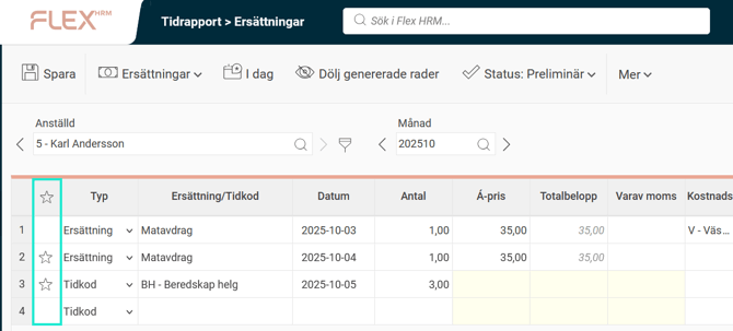 I vyn Ersättningar finns en kolumn med stjärnikon.