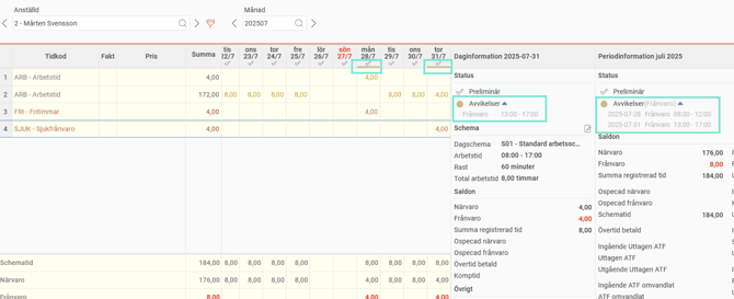 31 juli. I Daginformation och Periodinformation ser man att den gäller frånvaro.