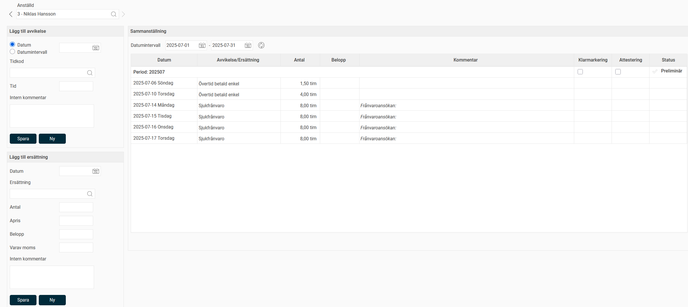 Inmatningsbild avvikelser.