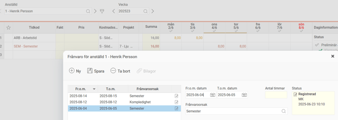 Frånvarohanteraren visar en frånvaropost med status Registrerad. I tidrapporten har frånvaron genererats.