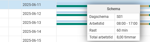 Popup visar schematid.
