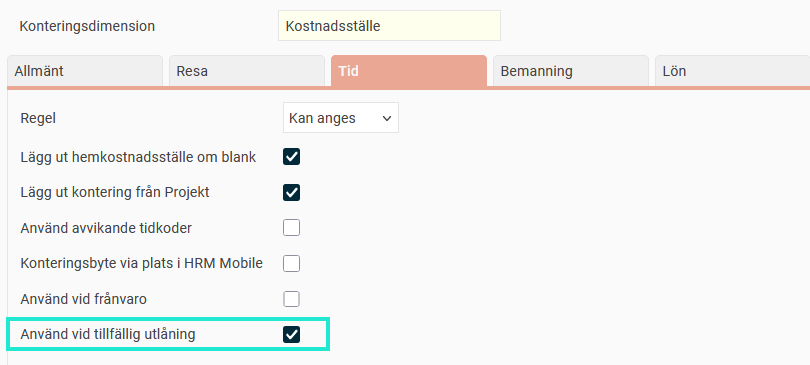 Inställningen "Använd vid tillfällig utlåning".
