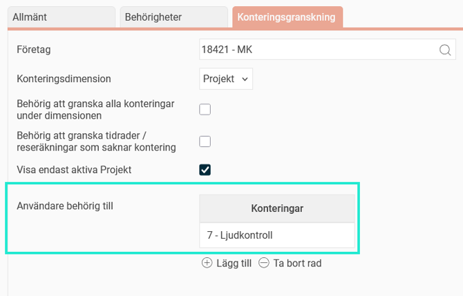 Användarregistret. Fliken Konteringsgranskning. Användaren är behörig till ett projekt, 7.