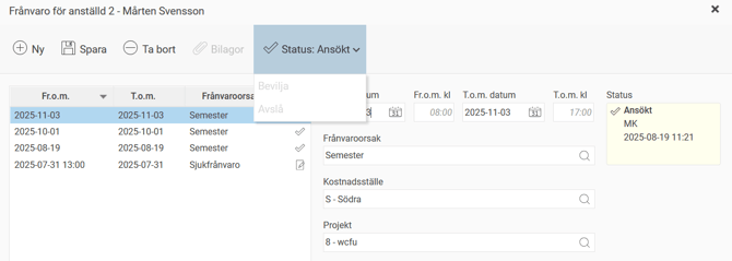 Frånvaro november, projekt 8. Valen "Bevilja" och "Avslå" är utgråade.