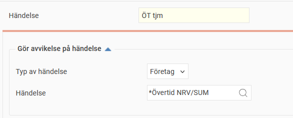Händelsen "ÖT tjm" ska gälla istället för företagets händelse "*Övertid NRV/SUM".