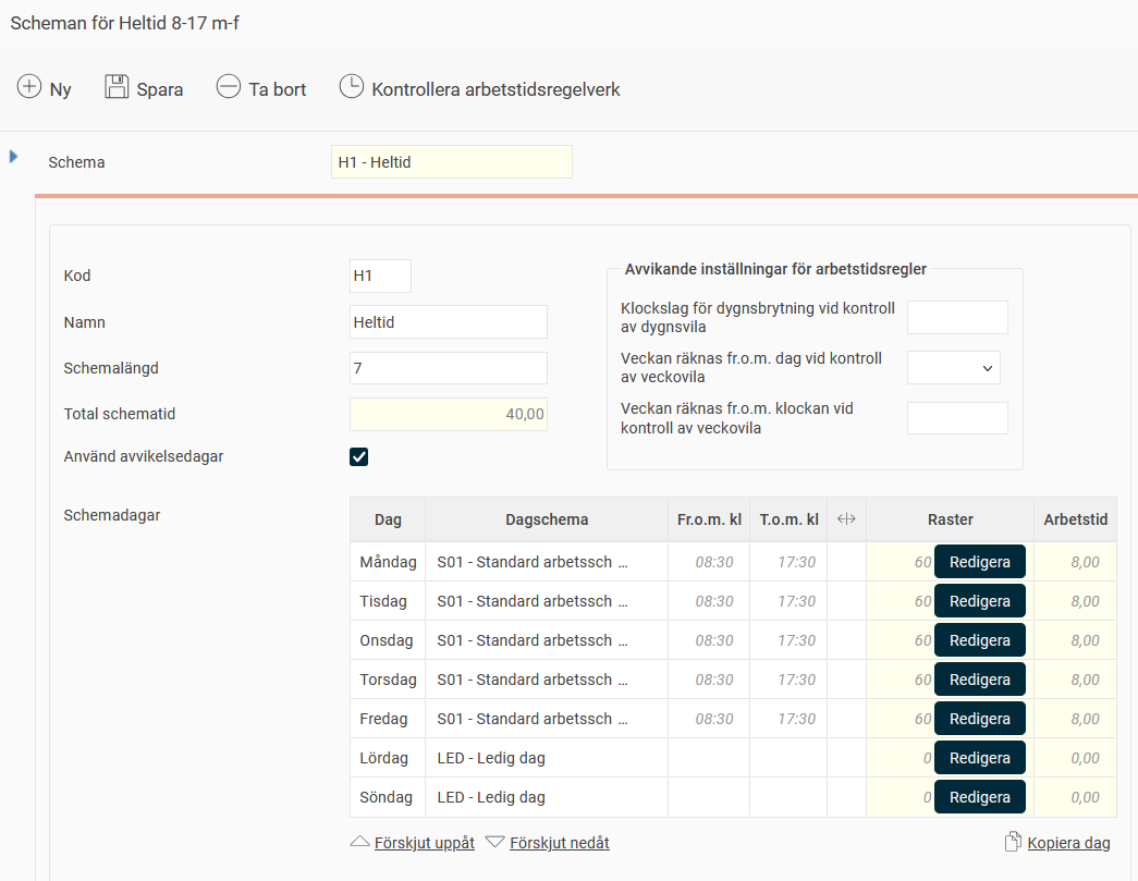 Schemacykel måndag-fredag.