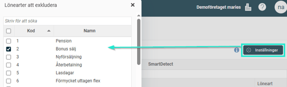 Bilden visar vyn där en administratör kan välja vilka lönearter som ska exkluderas från SmartDetects analys.