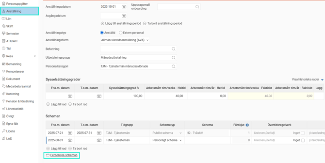 Länken till personligt schema under fliken Anställning i anställdaregistret.