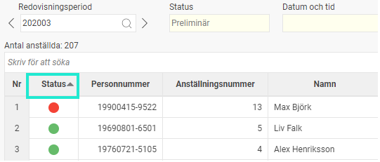 Bilden visar kolumnen Status i översikten,