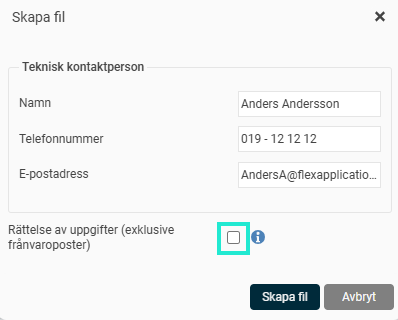 Bilden visar "Skapa fil"-fönstret med val att bocka i rutan för "Rättelse av uppgifter".