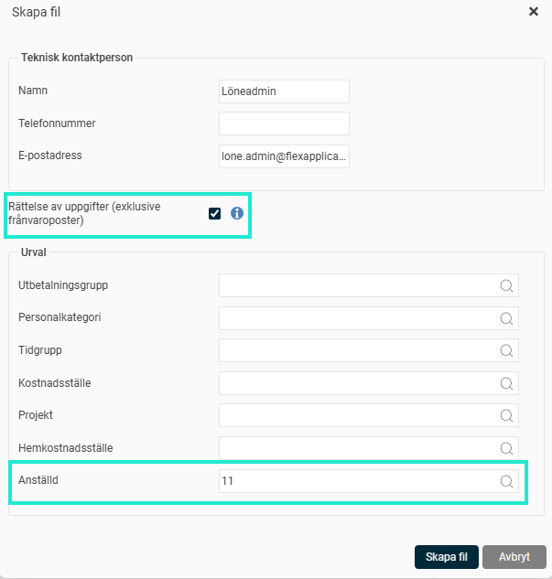 Bilden visar urval för att skapa rättelsefil för arbetsgivardeklarationen med urval på en anställd.