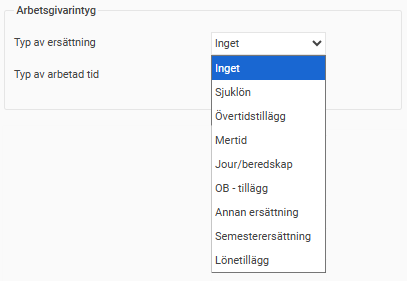 Bilden inställning på en löneart i löneartsregistret, under fliken Lön, där man kan välja vilken typ av ersättning den ska vara för arbetsgivarintyget.