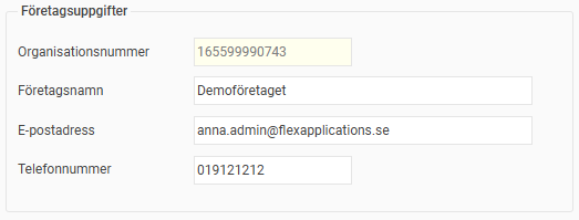Bilden visar de fält som gäller för företagets uppgifter.