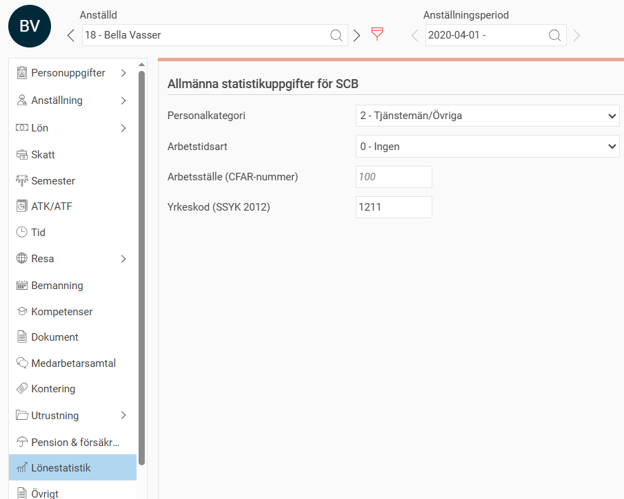 Bilden visar exempel från anställdaregistret på en anställda inställningar för statistikuppgifter för SCB.