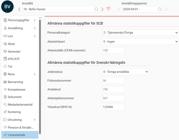 Bilden visar exempel från anställdaregistret på en anställda inställningar för statistikuppgifter för Svenskt Näringsliv.