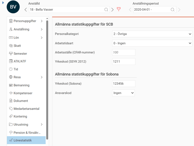 Bilden visar exempel från anställdaregistret på en anställda inställningar för statistikuppgifter för Sobona.