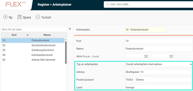 Bilden visar de nya fält där det går att ange adress för respektive arbetsplats.