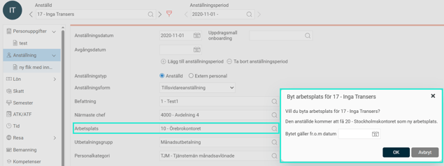 Bilden visar hur man via anställdaregistret, fliken Anställning, kan byta kontering (i det här fallet Arbetsplats).