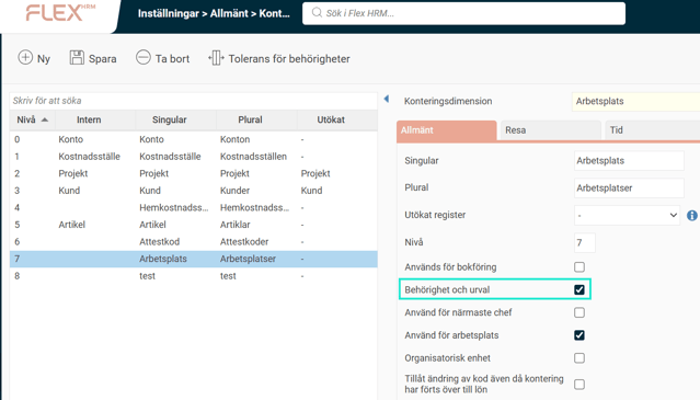 Bilden visar inställningen "Behörighet och urval" under menyn Konteringsdimensioner.