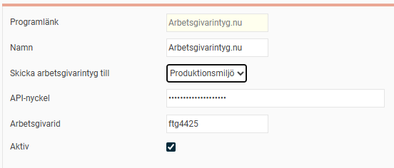 Bilden visar fälten man kan fylla i för att aktivera programlänken till arbetsgivarintyg.nu.