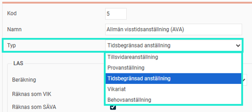 Bilden visar en anställningsform där det finns ett fält för Typ, där man kan välja från en lista av olika typer av anställningar.