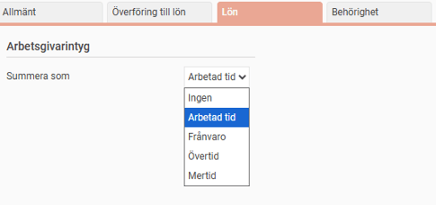 Bilden visar fliken Lön på en tidkod, där man i en lista kan välja hur tidkoden ska summeras i arbetsgivarintyget..