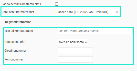 Bilden visar inställningsfälten för Danske Banks filformat..