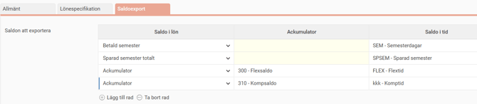 Bilden visar inställningarna för saldon att exportera; det finns tre kolumner att göra urval i.