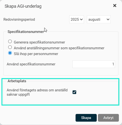 Bilden visar, i dialogrutan för att skapa ny AGI,  markerad bockruta för att använda företagets adress om anställd saknar uppgift.