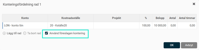 Bilden visar en ruta som visar konteringsfördelningen på en aktuell rad. Där är inställningen "Använd föreslagen kontering" markerad.