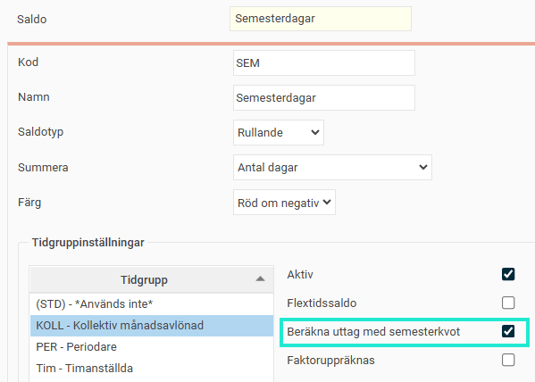 Bilden visar kryssrutan för inställningen "Beräkna uttag med semesterkvot".