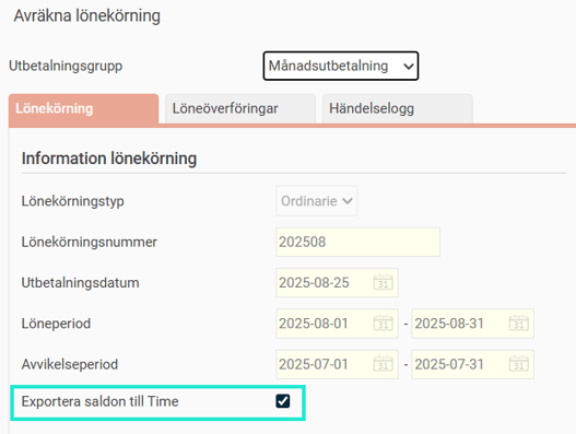 Bilden visar dialogrutan där man avräknar en lönekörning. Där finns en bock satt i rutan för funktionen "Exportera saldon till Time".